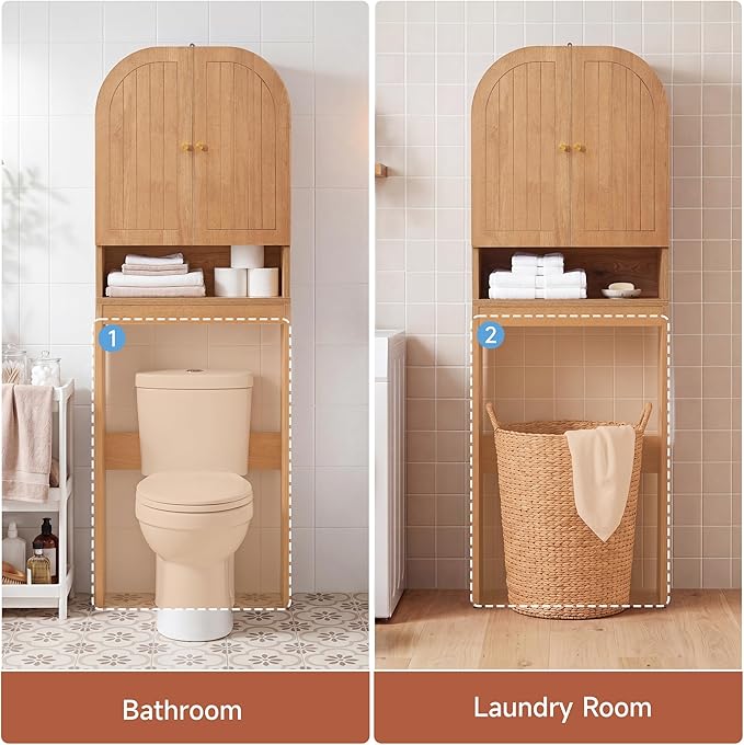 Over the Toilet Storage Cabinet, 70" Tall Bathroom Space Saver with Fluted Grooved Doors, Freestanding Over Toilet Organizer with Adjustable Shelves & Soft-Close Hinges for Small Bathrooms (Caramel)