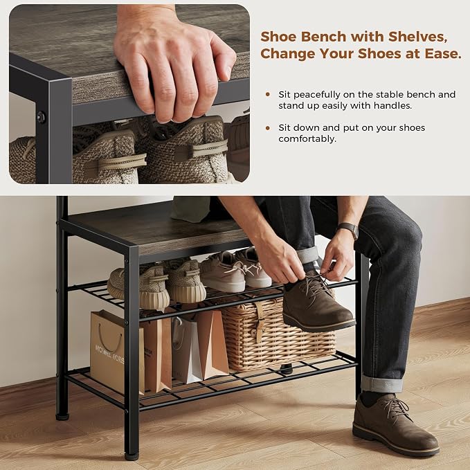 Hall Tree with Bench and Shoe Storage, 4-in-1 Entryway Organizer with 10 Hooks and Storage Shelf,Coat Rack Freestanding with 2-Tier Storage Shelf for Living Room, Deep Gray