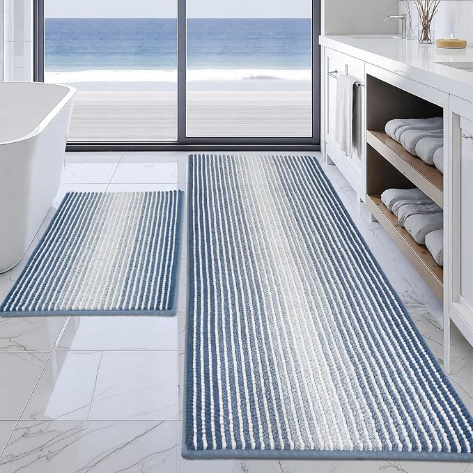 BSICPRO Bathroom Rugs and Mats Sets, 2 Piece Thick Absorbent Chenille Bath Mat Rug Set Non Slip, Soft Shaggy Bath Room Floor Mats for Bathroom, Machine Washable (Fog Blue, 24" x 70" Plus 20" x 32")