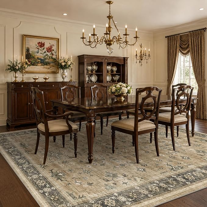 Taupe and Sage 8x10 Living Room Rug, Oriental Large Area Rug for Dining Room Under Table, Natural Washable Low Pile Bedroom Carpet, Non-Slip Stain Resistant Indoor Door Mat