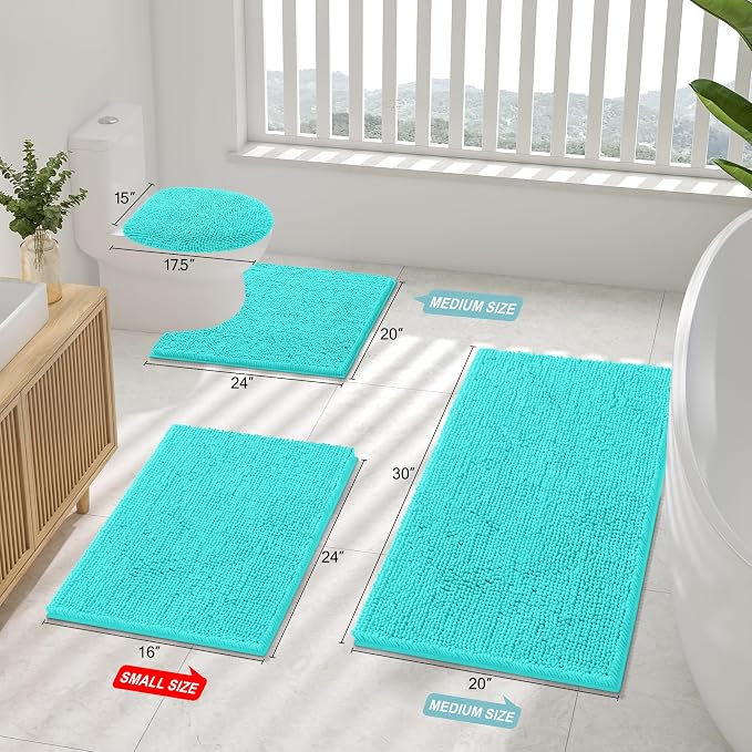 Smiry Luxury Chenille Bathroom Rugs 34x21, Extra Soft and Absorbent Shaggy Bath Mat, Machine Washable, Non-Slip Plush Carpet Runner for Tub, Shower, and Floor, Home Decor Accessories, Turquoise