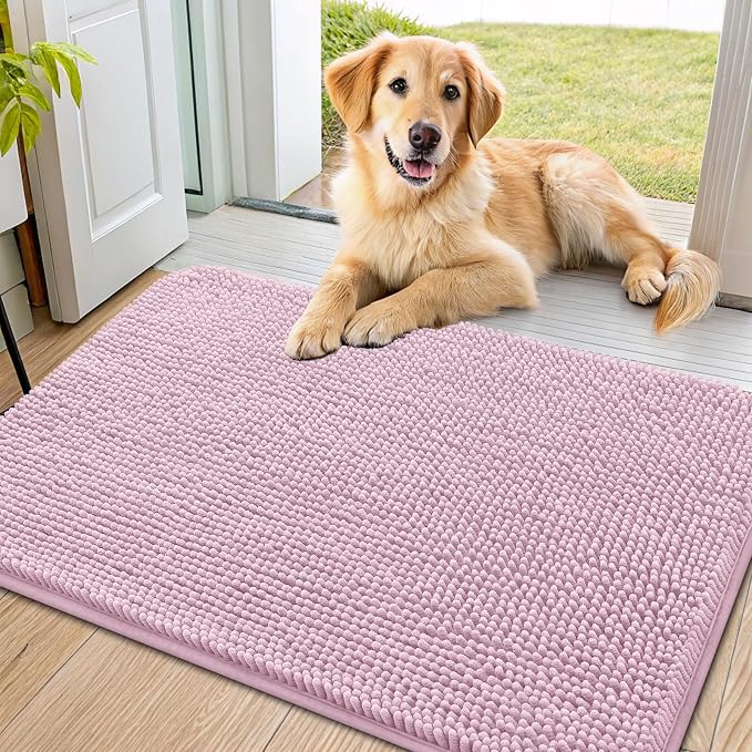 Smiry Dog Door Mat for Muddy Paws 36x24, Absorbent Dirt Trapper, Non-Slip Washable Chenille Entryway Rug for Inside Floor, Dusty Rose, Classic Solid