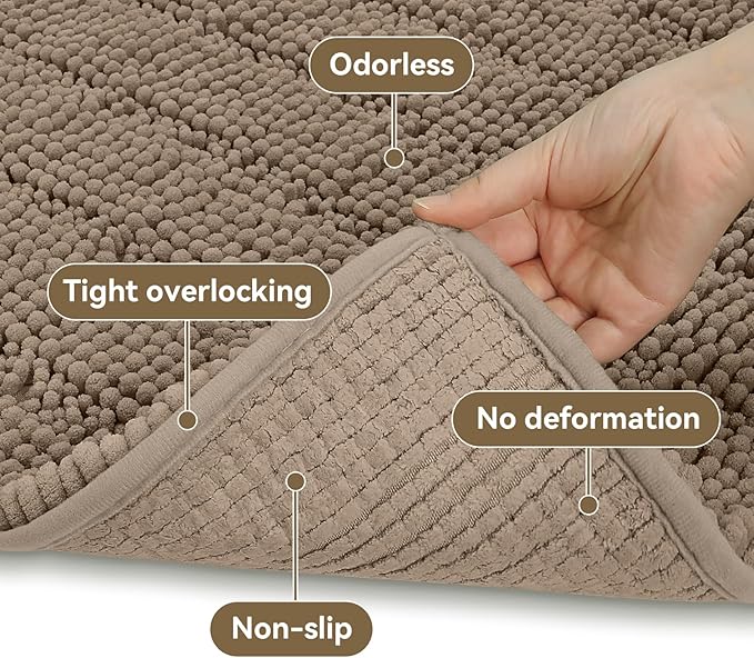 Bcoimo Long Bathroom Rug, Chenille Bath Runner with High Low Pile Design, Soft Absorbent Non Slip Bath Mat, Machine Washable Quick Dry Rug for Shower, Tub, Sink and Vanity
