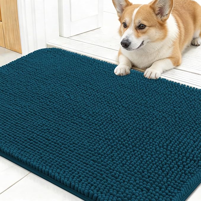 OLANLY Dog Door Mat for Muddy Paws 30x17, Absorbs Moisture and Dirt, Absorbent Non-Slip Washable Doormat, Quick Dry Chenille Mud Mat, Entry Indoor Entryway Carpet for Inside Floor, Atlantic Blue