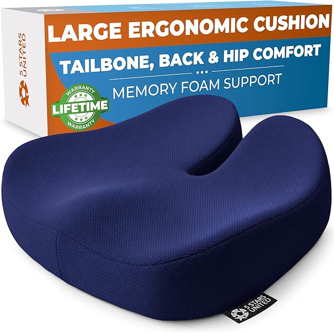 5 STARS UNITED Seat Cushion - Memory Foam Chair Cushion for Tailbone Pain Relief - Ergonomic Support for Coccyx, Sciatica & Butt - Office, Desk & Gaming Chair, Car Seat, Wheelchair, Blue Mesh