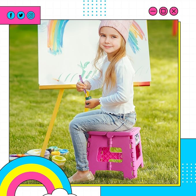 Delxo Folding Step Stool 9 inch Non-Slip Foldable Toddler Stools Up to 300 LBS Kids Step Stool with Handle Lightweight for Kitchen, Bathroom, Bedroom, Garden, Rose Pink, 1PC