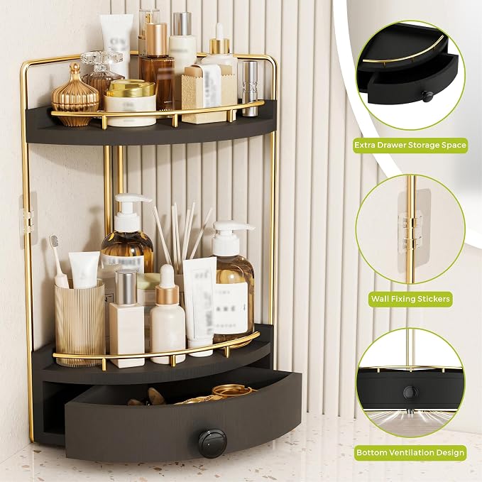 2-Tier Corner Bathroom Counter Organizer with Drawer & Embedded Screw Holes - Wooden Countertop Organizers for Skincare, Makeup Storage, Bathroom Sink Counter Shelf for Vanity, kitchen, Black Gold