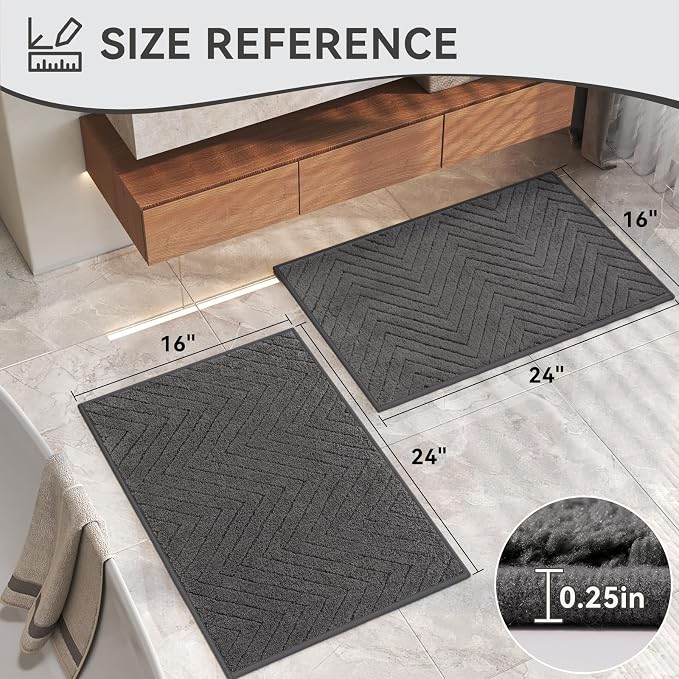 Non-Slip Bath Mat 16x24-2pc Quick Dry Absorbent Non Slip Bath Mat Bath Mats for Bathtub Mat Bathroom Carpet Fit Under Door Washable Floor Bath Rug Grey