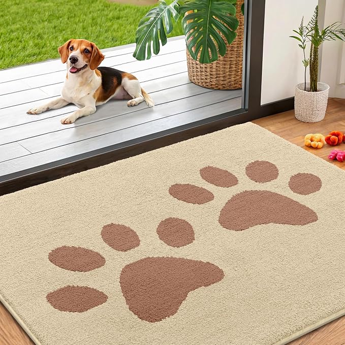 Smiry Dog Door Mat for Muddy Paws, Absorbs Moisture and Dirt, Low-Profile Entryway Mat with Non-Slip Backing, Entry Indoor Outdoor Doormat for Inside Floor (40x32 Inches, Light Beige, Paw)