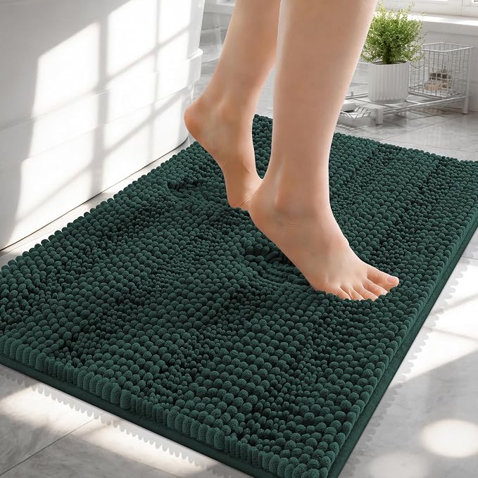 OLANLY Thick Small Bathroom Rugs 24x16, Extra Absorbent Chenille Striped Bath Rugs, Rubber Backing, Machine Wash, Bath Mats for Bathroom Floor, Tub and Shower, Home Decor Accessories, Blackish Green