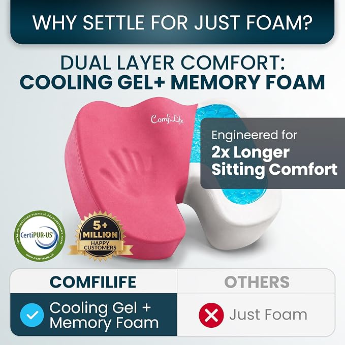 ComfiLife Extra Large Gel & Memory Foam Seat Cushion - Doctor Recommended Office Chair Cushion, Car Seat Cushion - Back & Sciatica Pain Relief - Wide Seat Cushion for Big & Tall (Pink)