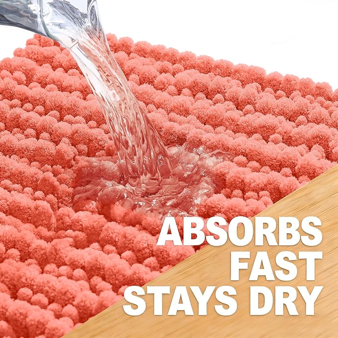 OLANLY Bathroom Rug Mat 34x21, Thick Soft and Absorbent Chenille Bath Mat, Non-Slip Rubber Backing, Machine Washable Quick Dry Bath Rugs for Tub Shower Floor, Home Decor Accessories, Coral