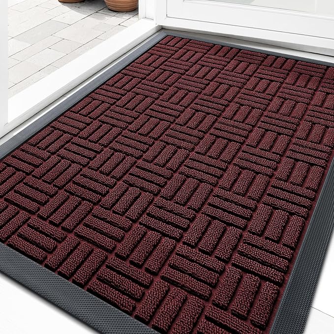 OLANLY Front Door Mat Outside Entrance 33x21, Absorbent, Heavy Duty Sturdy Natural Rubber Doormat Indoor Outdoor, Non-Slip, Stain and Fade Resistant, Low Profile Floor Mat for Entryway, Burgundy