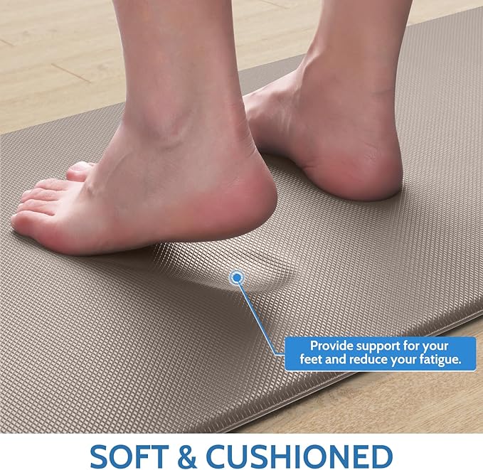 StepLively Kitchen Mat, 2 PCS Kitchen Rugs, Cushioned Kitchen Mats for Floor, Anti Fatigue Kitchen Rug Set, Non-Skid Standing Mat for Kitchen, Office, Sink, 17.3"x30"+17.3"x59", Khaki