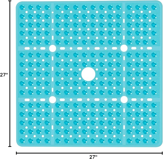 Large Square Shower Mat 27 x 27 Inch Clear Green, Non Slip Shower Bathtub Mats for Inside Shower with Big Suction Cups Drain Holes, Anti Slip Bathroom Floor Stall Mats, Easy Clean, BPA-Free
