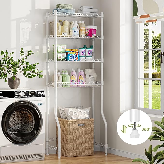 Simple Trending 4 Tier Over The Toilet Storage Rack, Bathroom Organizers and Storage Over Toilet with Adjustable Shelf and Basket, White
