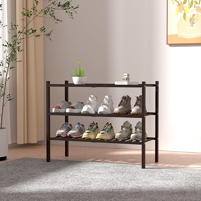 ROMGUAR CRAFT 3 Tier Bamboo Shoe Rack for Closet Free Standing Wood Shoe Shelf for Entryway Small Space Stackable 27"x11"x20" (Brown)