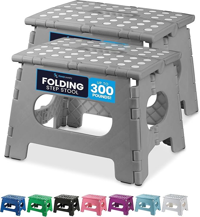 Handy Laundry Folding Lightweight Step Stool - Sturdy Enough to Support Adults - Opens Easy with One Flip - Great for Kitchen, Bathroom or Bedroom (Grey | 2-Pack)