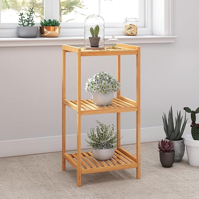 kinbor 3-Tier Bamboo Shelf Freestanding - Space-Saving Bathroom Standing Shelf & Plant Stand, 3 Shelf Bookcase for Kitchen, Living Room, Office (Natural Bamboo, Easy Assembly)