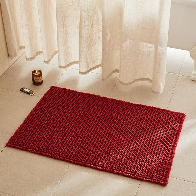 TYUU Waffle Bath Mat, Boho Bathroom Rugs Non Slip Washable Super Absorbent Quick Dry Bath Mat Farmhouse Bathroom Decor, 36"x24" Burgundy