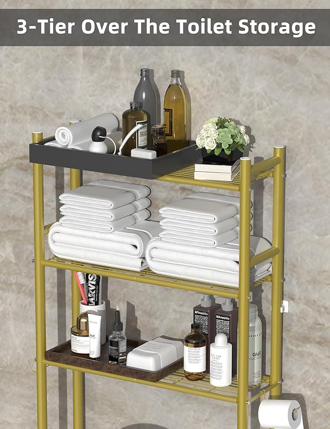 Livilord 3-Tier Over The Toilet Storage, Freestanding Metal Bathroom Shelves with 4 Hooks, Over Toilet Storage Shelf with Paper Holder, Above The Toilet Shelf for Bathroom Storage, Gold