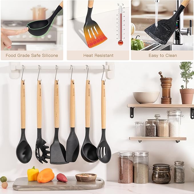 Astercook 39 PCS Kitchen Utensils Set, Silicone Cooking Utensil Sets with Wooden Handle, 446°F Heat Resistant Food Grade Spatula Set, BPA Free Kitchen Gadgets Tools Set & Spoons for Nonstick Cookware
