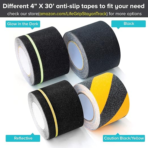 LifeGrip Anti Slip Traction Tape with Reflective Stripe, 4 Inch x 30 Foot, Best Grip Tape Grit Non Slip, Outdoor Non Skid Treads, High Traction Friction Abrasive Adhesive for Stairs Step, Black