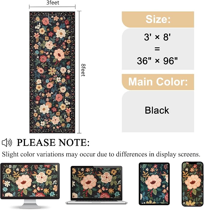 DUKINO 3x8 Runner Rug, Washable Rug for Kitchen with Non Slip Backing, Soft Non Shedding & Low Pile Design Long Floor Carpet Runner for Hallway, Bathroom, Entryway, Laundry, Black