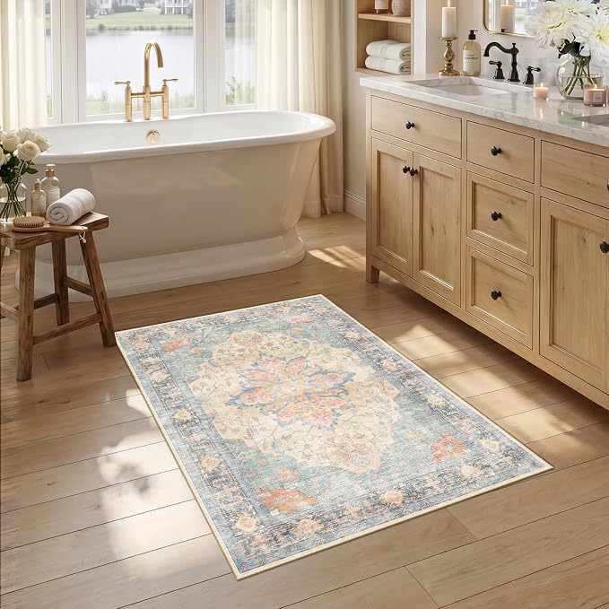RELEANY Area Rugs Small 2'6"x4' Washable Non-Slip, Floral Vintage Distress Medallion Carpet for Kitchen Entryway Bathroom, Blue Orange Red