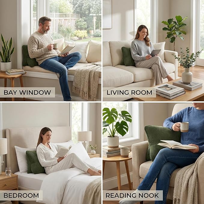 Pat. Pend. Corduroy Ergonomic Lumbar Support Pillow for Sitting Support, Triangle Back Cushion for Sofa, Armchair & Bed, Washable Cover, Avocado Green
