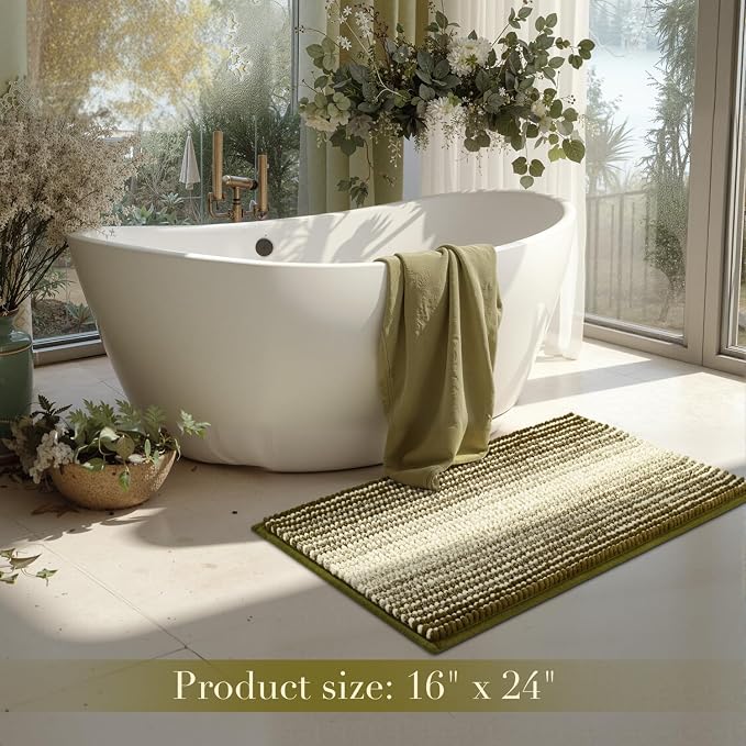 BSICPRO Bathroom Rugs, Bath Mat Non Slip 17 x 24 Inches Water Absorbent Chenille Floor Mats Machine Washable (Olive Green)