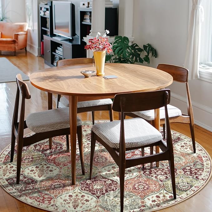 Lahome Moroccan Trellis Washable Round Rugs, Non-Slip Soft Round Rug 4ft Ultra-Thin, Small Vintage Circle Carpet for Entryway Kitchen Bedroom Nursery Bathroom Elise, Orange/Terracotta