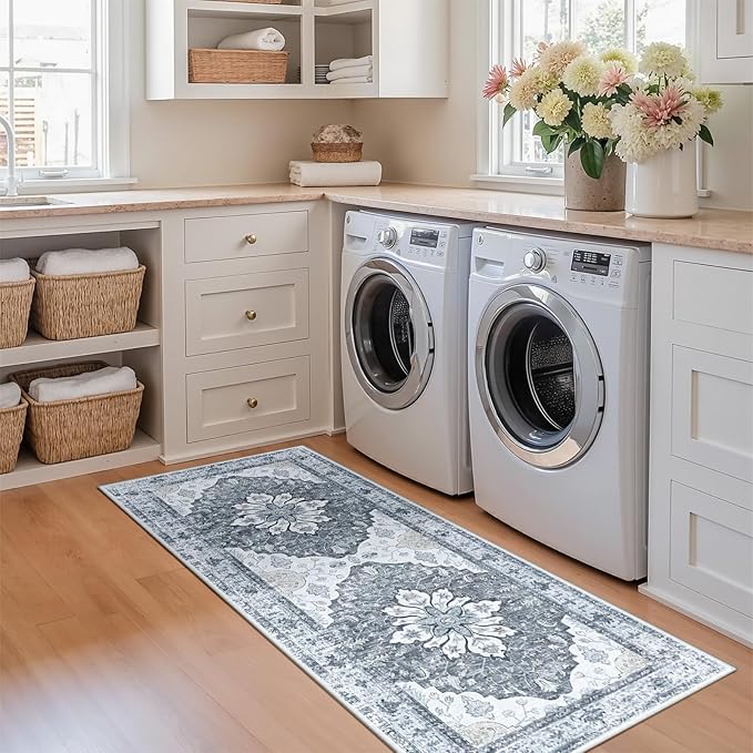 RELEANY Area Rugs Runner 2'x6' Washable Non-Slip, Floral Vintage Distress Medallion Carpet for Kitchen Hallway Bedroom Beside Laundry Room Bathroom, Light Gray Grey White