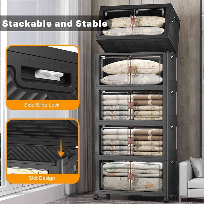 UAMFURI Stackable Storage Bins with Lids & Wheels & Door, Foldable Collapsible Closet Organizers, Extra Large Plastic Storage Drawers for Bedroom Dorm Office Garage (Dark-175QT, 5Pack with 2 top lid)