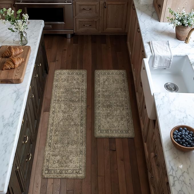 Vintage Kitchen Mats for Floor Anti Fatigue Waterproof Kitchen Rugs Sets of 2 Brown Cushioned Non-Slip Kitchen Mats Comfort Standing Mat for Sink Laundry Office 17.3"×47"+17.3"×30"