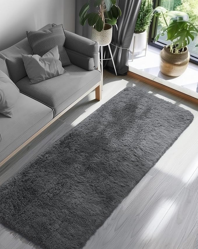 Ophanie Runner Rug for Hallway, 3x8 Washable Non-Slip Fluffy Soft Bedside Rugs, Bedroom Living Room Shaggy Carpet for Kids Girls Boys Dorm Nursery Home Decor Aesthetic, Grey