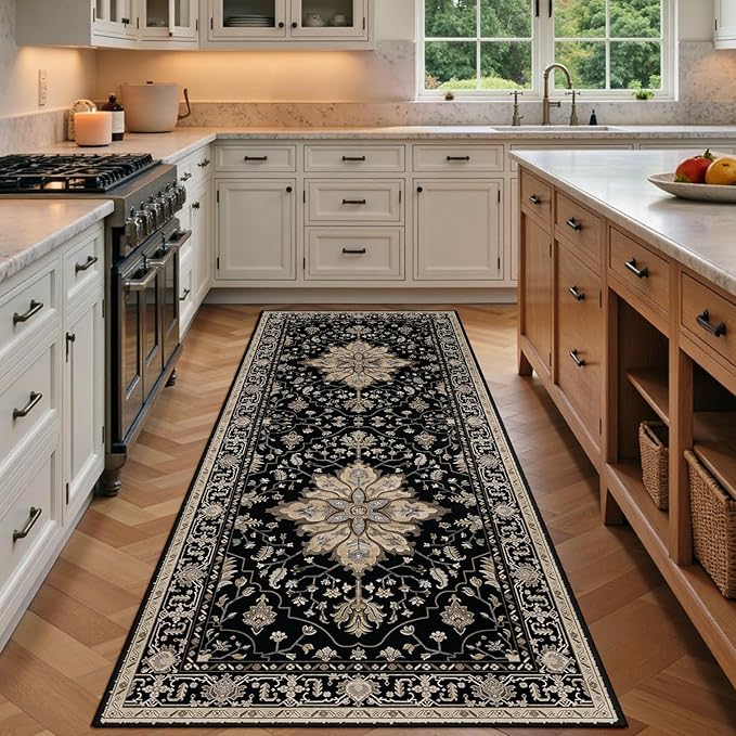 RELEANY Area Rugs Runner 3'x7' Washable Non-Slip, Floral Vintage Distress Medallion Carpet for Kitchen Hallway Bedroom Beside Laundry Room Bathroom, Black Brown Neutral Dark Tan
