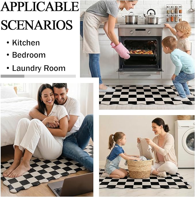 Scalloped Beige Black Checkered Grid Checkerboard Kitchen Rug Sets [2 PCs], Anti-Fatigue, Waterproof Non-Slip Kitchen Mats Heavy Duty Comfort Foam Rug for Kitchen, Floor, Laundry,17"x29"+17"x47"