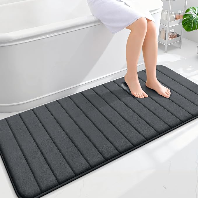 OLANLY Memory Foam Long Bathroom Rugs Runner 59x24, Super Soft Absorbent Bath Mat, Quick Dry, Machine Washable Shower Floor Rugs, Bathmat Carpet, Bathroom Home Decor Accessories, Dark Gray