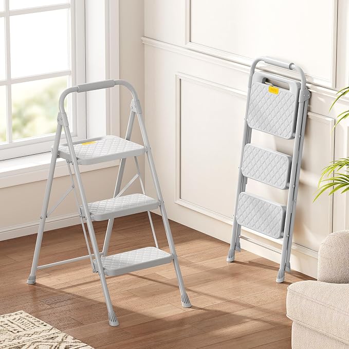 KINGRACK 3 Step Ladder, Folding Step Stool with Safety Lock & Sturdy Anti-Slip Pedals, Pass 800lbs Load Testing, Lightweight, Portable Steel Ladder with Handrails for Home, Kitchen, Garage, Office