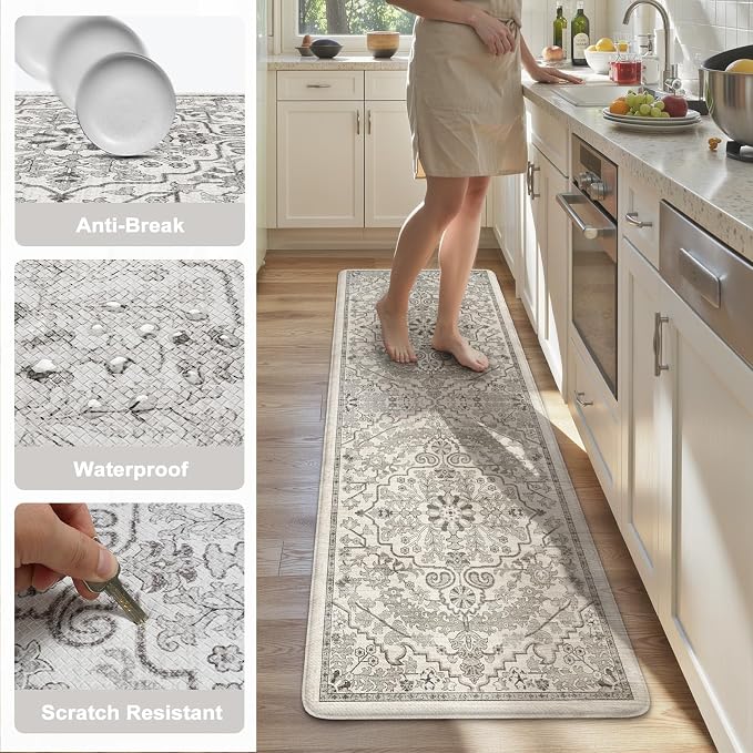 KIMODE Anti Fatigue Kitchen Mats, Padded Kitchen Floor Mats 24"x71", Boho Vintage Kitchen Runner Rugs, Light Grey Rugs for Kitchen Floor, Cushioned Standing Mat for Laundry Office Sink Desk