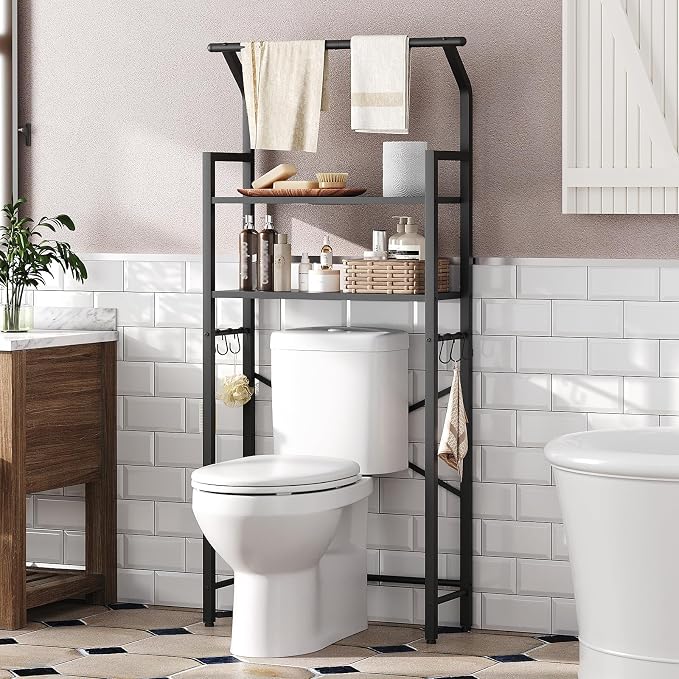 YATINEY 2-Tier Over The Toilet Storage, Multifunctional Vertical Over Toilet Bathroom Organizer, Freestanding Bathroom Storage Shelves with Hooks, Bathroom Organizer, Rustic Brown and Black TR01BB