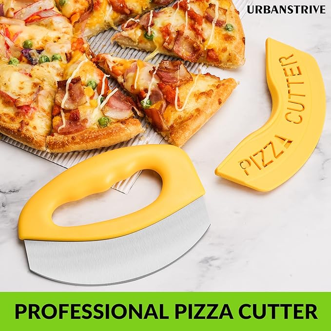 Urbanstrive Heavy Duty Stainless Steel Pizza Cutter with Cover, Super Sharp Blade Pizza Knife Pizza Cutter Rocker, Perfect Kitchen Gadgets for Pizza Cutting Home Essentials, Yellow