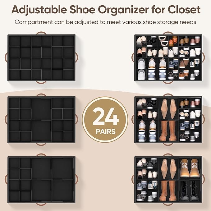 Shoe Organizer for Closet, 2 Pack Shoe Storage Containers with Adjustable Dividers, Space Saving Shoe Box Storage Organizers Bins with Clear Lid & 4 Handles, Fits 24-48 Pairs, Black
