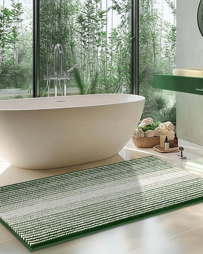 BSICPRO Chenille Bathroom Rugs, 21 x 60 Inches Non Slip Absorbent Bath Mat, Soft Shaggy Shower Bath Floor Mats for Bathroom, Machine Washable(Hunter Green)