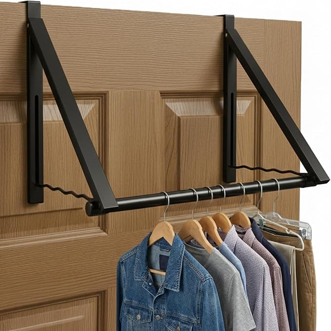 HOLDN’ STORAGE Over The Door Hanger - Foldable Rack Organizer for Hanging Clothes, Coats & Towels, Ideal for Dorm Rooms, Laundry, Bathrooms, Etc - Holds up to 35 LBs, Collapsible - Black