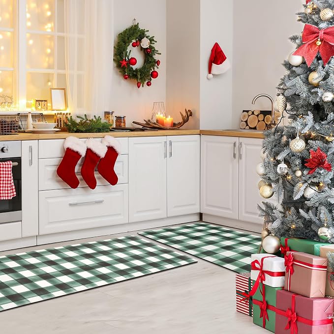 FRESHMINT Modern Farmhouse Plaid 2 Piece Set Kitchen Mats for Floor Anti Fatigue Waterproof & Non-Skid Kitchen Rugs Cushioned Kitchen Mat for Standing Washable Comfort Desk Kitchen Runners