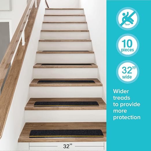 LifeGrip Anti Slip Traction Treads with Reflective Stripe (10-Pack), 4" X 32", Best Grip Tape Grit Non Slip, Outdoor Non Skid Tape, High Traction Friction Abrasive Adhesive for Stairs Step, Black