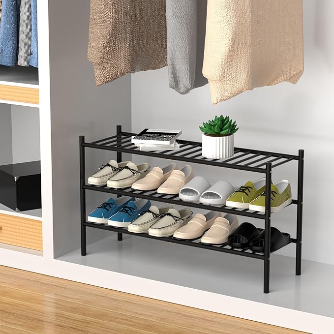 ROMGUAR CRAFT 3-Tier Bamboo Long Shoe Rack, Free Standing Wood Shoe Shelf Storage Organizer for Closet Entryway Stackable 35"x11"x20" (Black)