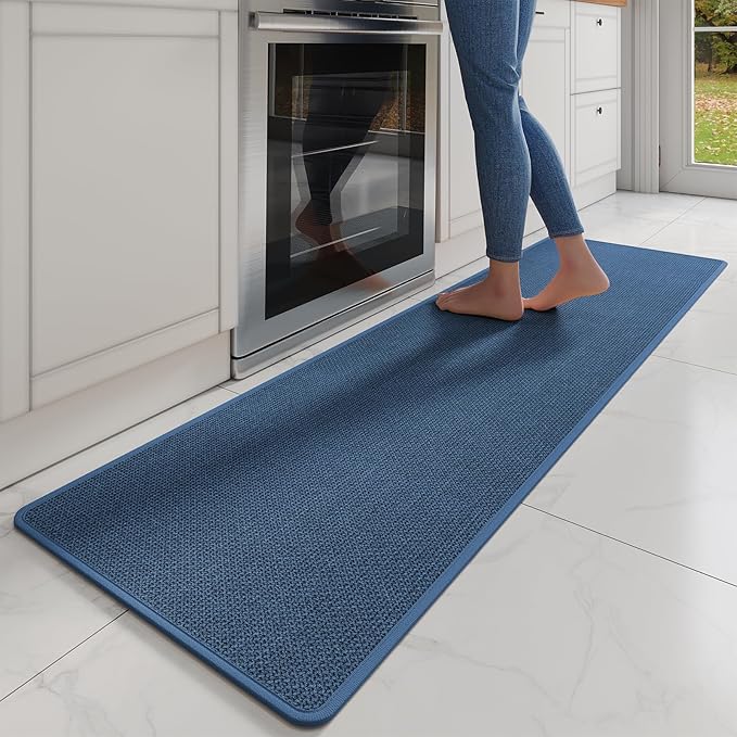 YDKGL Kitchen Mats for Floor, Super Absorbent Kitchen Rugs Non Slip Washable, Soft Imitation Linen Braided Runner Rug, Standing Mat Kitchen Sink Mat, Easy to Clean, Blue 17x71